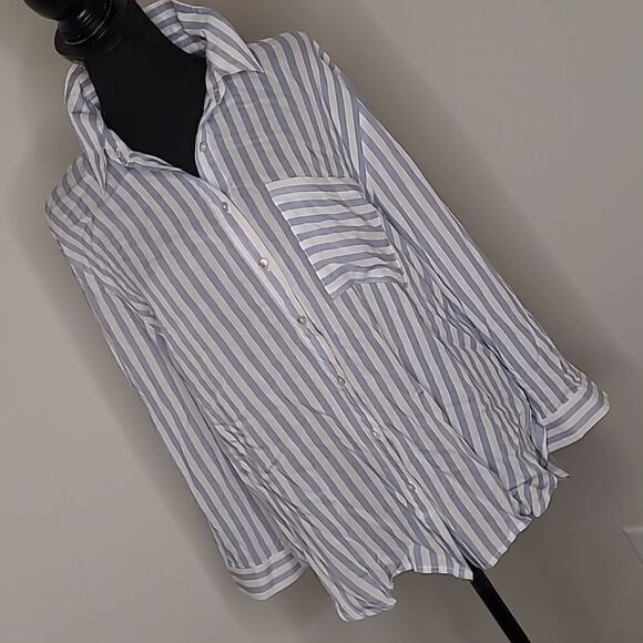 Grand and greene sz L blue striped button front shirt - Picture 1 of 7